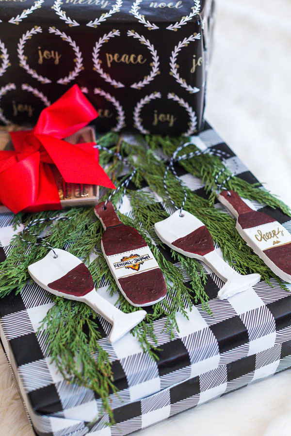 DIY holiday clay ornaments red wine on gift box