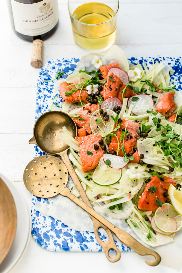 As long as you have some super fresh wild salmon and a few fresh ingredients you can whip this salad in less time that it takes you to get dressed for the pool.