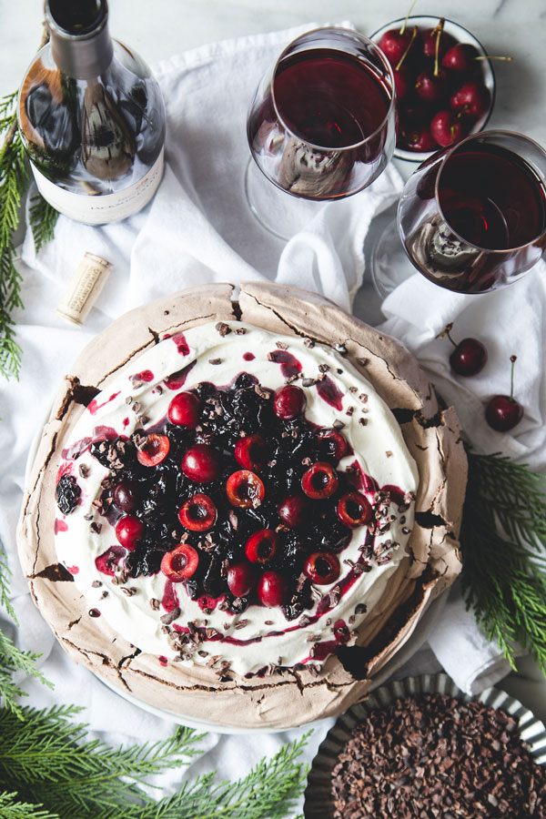 This Chocolate Pavlova with Amaretto Cherry Compote & Cocoa Nibs is no ordinary pavlova — we’re adding a wintery twist to this classic dessert.
