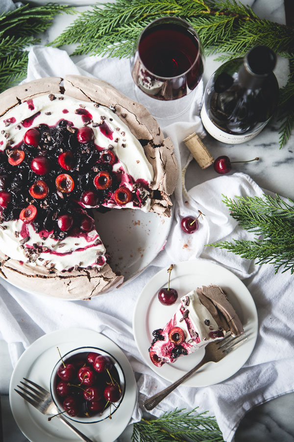 This Chocolate Pavlova with Amaretto Cherry Compote & Cocoa Nibs is no ordinary pavlova — we’re adding a wintery twist to this classic dessert.
