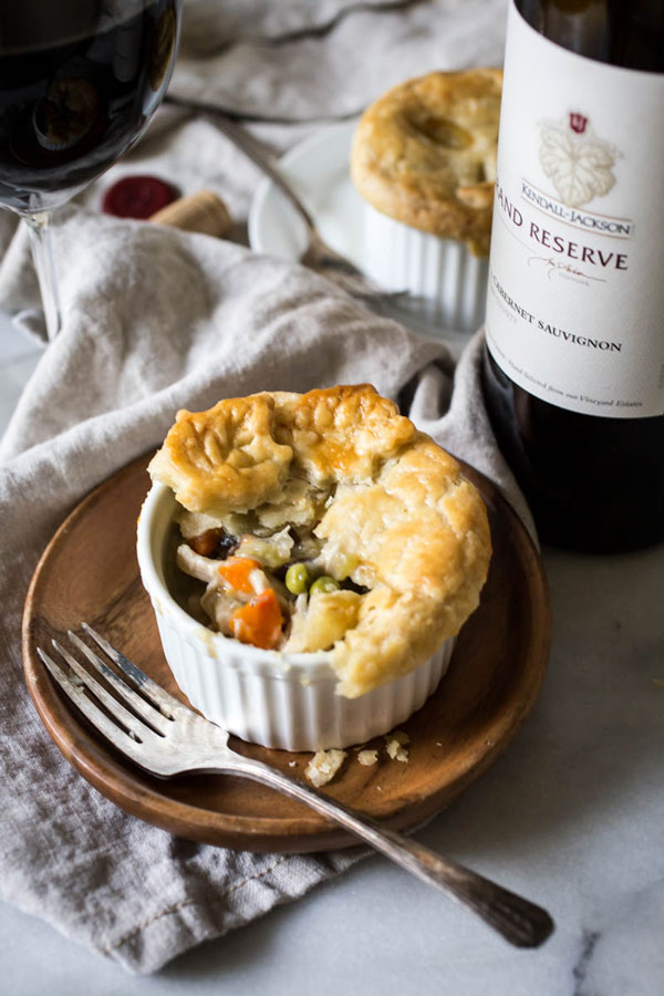 Chicken pot pie with hearty, slow-cooked fillings and bottle of Kendall-Jackson Grand Reserve Cabernet Sauvignon