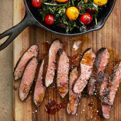 Seared Flat Iron Steak with Spigarello & Cherry Tomatoes