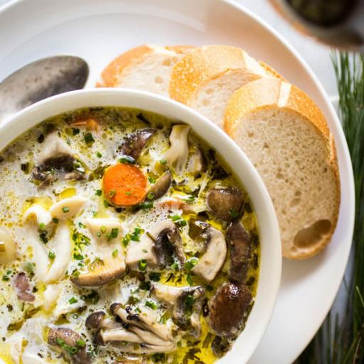 wild mushroom chowder with bread for dipping
