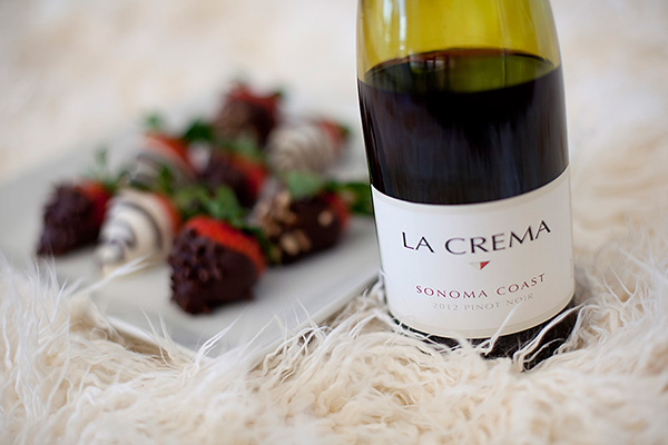 Chocolate-dipped strawberries and La Crema Pinot Noir.