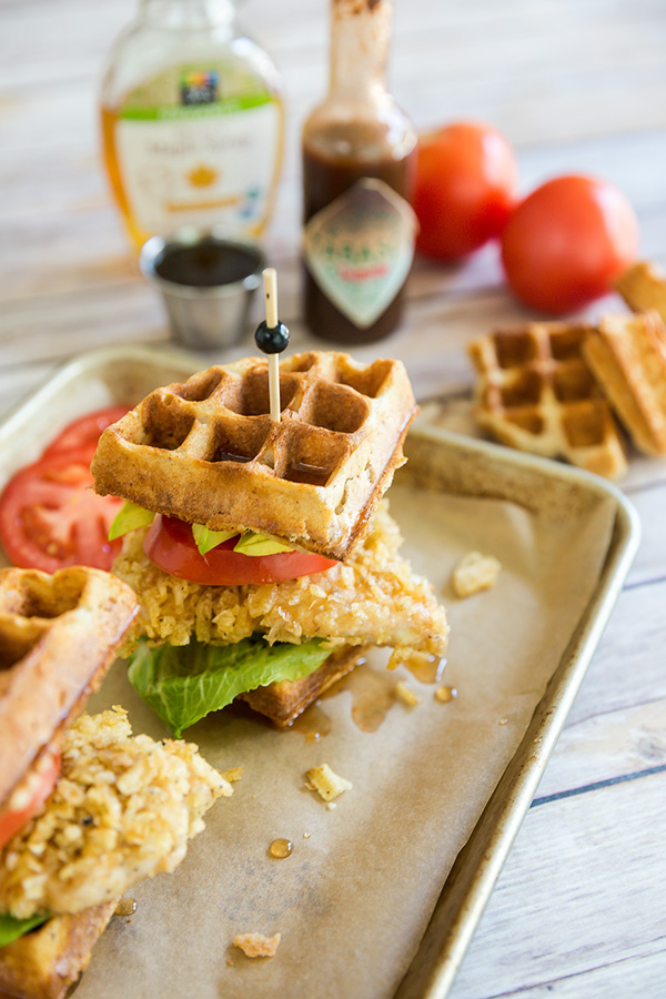 Things just got so much tastier with a twist to a classic recipe with a baked chicken and waffles sandwich drizzled with a chipotle maple syrup.