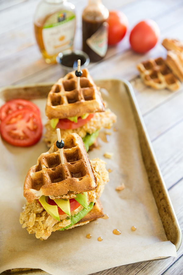 Things just got so much tastier with a twist to a classic recipe with a baked chicken and waffles sandwich drizzled with a chipotle maple syrup.