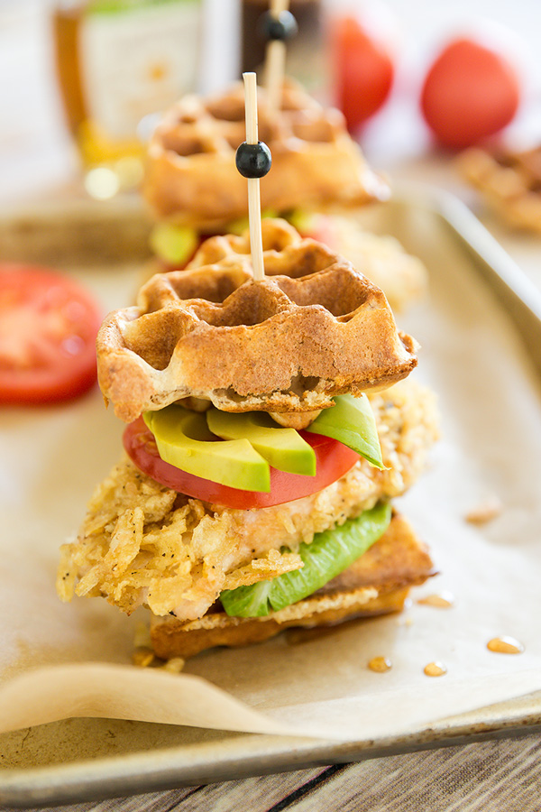 Things just got so much tastier with a twist to a classic recipe with a baked chicken and waffles sandwich drizzled with a chipotle maple syrup.