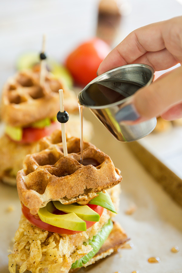 Things just got so much tastier with a twist to a classic recipe with a baked chicken and waffles sandwich drizzled with a chipotle maple syrup.