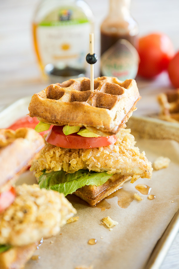 Things just got so much tastier with a twist to a classic recipe with a baked chicken and waffles sandwich drizzled with a chipotle maple syrup.