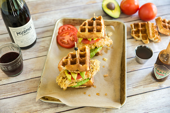 Things just got so much tastier with a twist to a classic recipe with a baked chicken and waffles sandwich drizzled with a chipotle maple syrup.